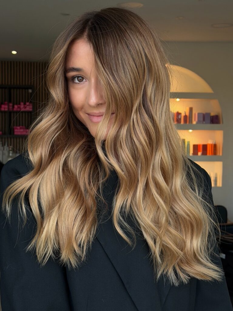 A young woman with long wavy golden blonde hair featuring bright face-framing highlights smiles at the camera.