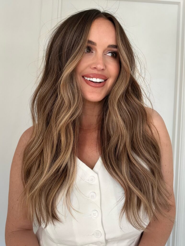 A smiling woman with long wavy dark blonde hair featuring bright golden highlights and face-framing pieces.