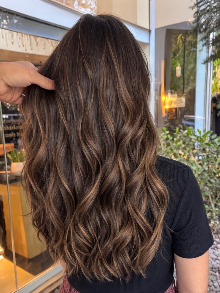 A woman viewed from behind shows off long wavy dark brown hair enriched with fine caramel and golden amber balayage highlights.