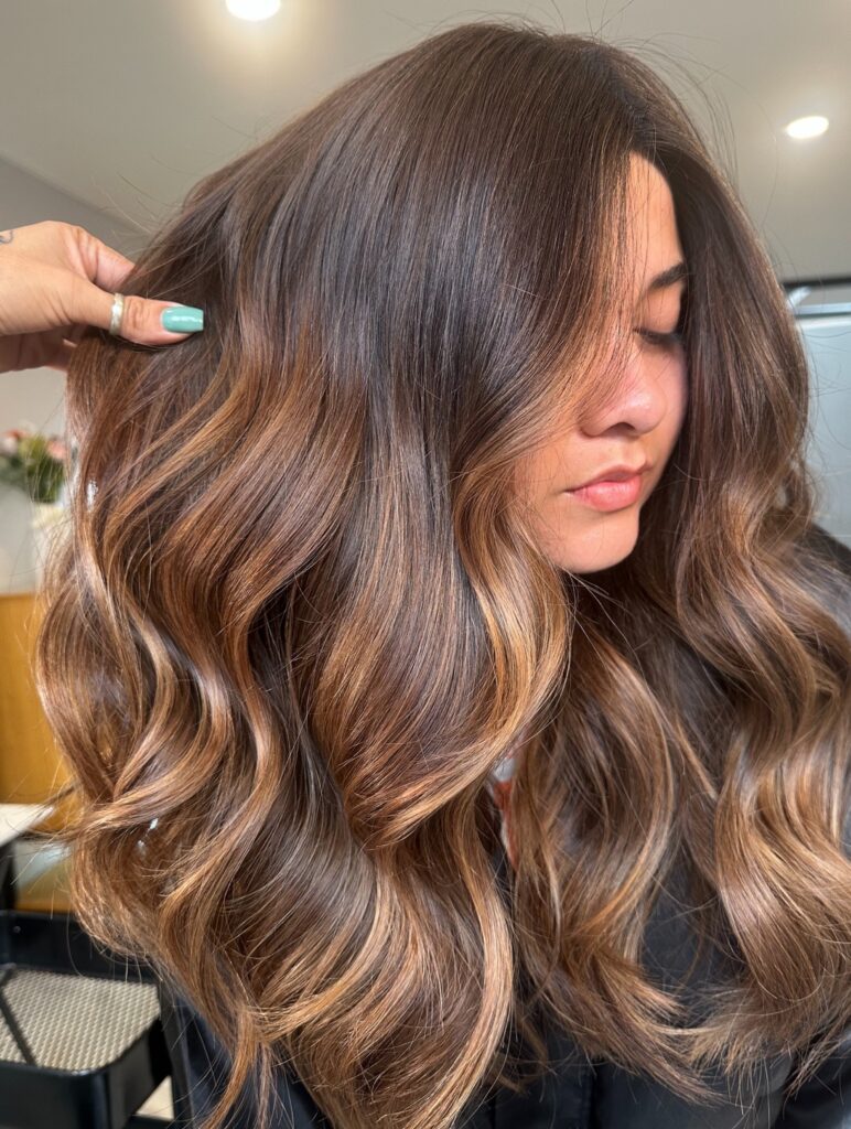 A young woman displays long glossy dark hair styled in voluminous waves with warm caramel and bronze highlights.