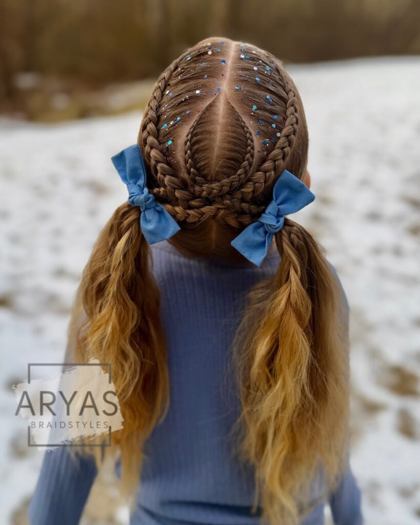Blonde braided pigtails with crown braids, blue bows, glitter accents, and soft wavy ponytails.