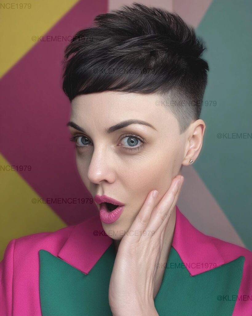 A woman with a dramatic high skin fade pixie cut and textured dark hair on top, showing a micro fringe.