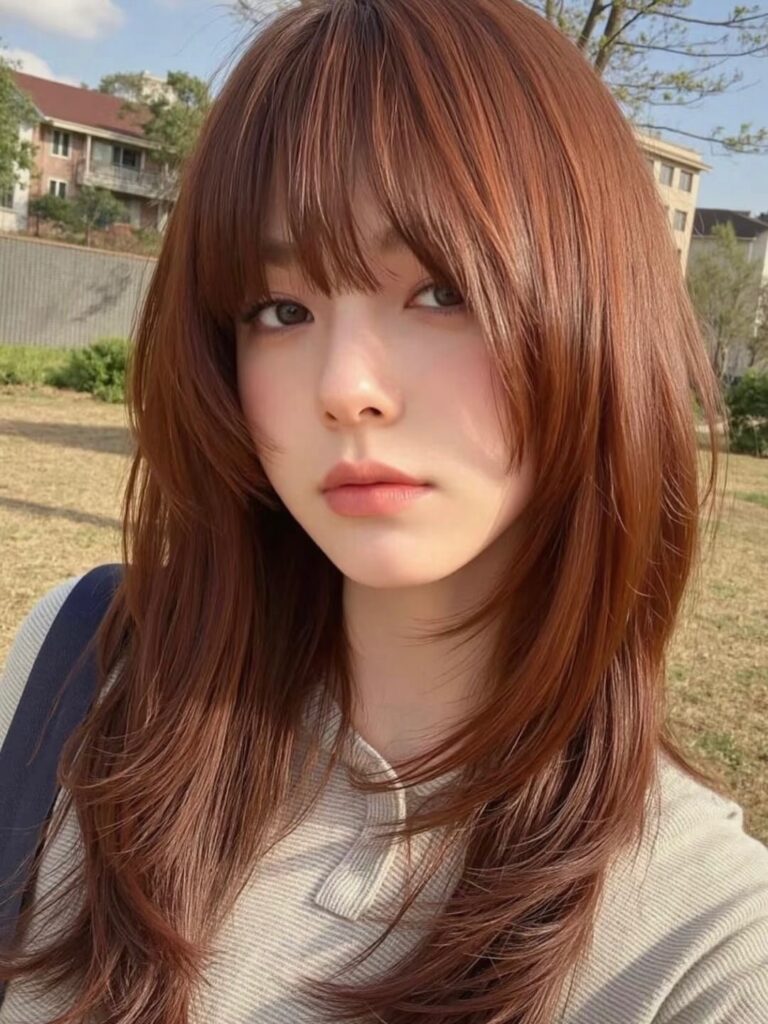 A young woman with a medium-length, layered auburn shag haircut and wispy full bangs.