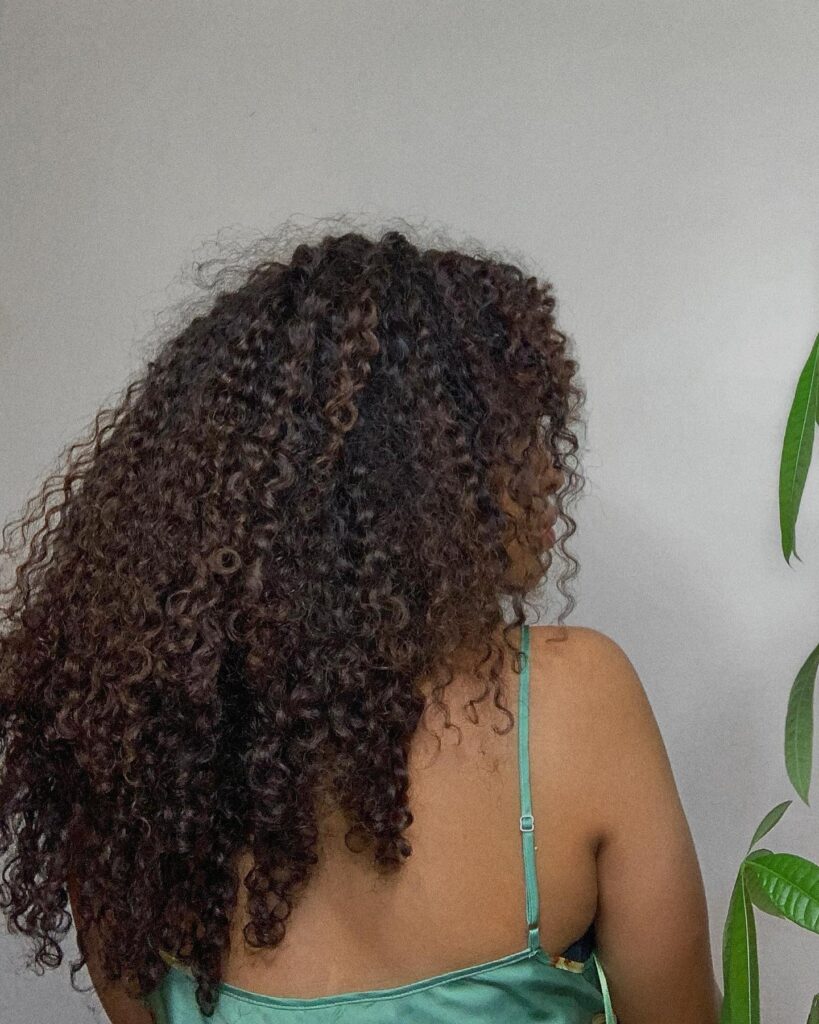 A back view of a woman wearing a long dark brown choppy curly bob hairstyle with dense, highly defined voluminous ringlets.