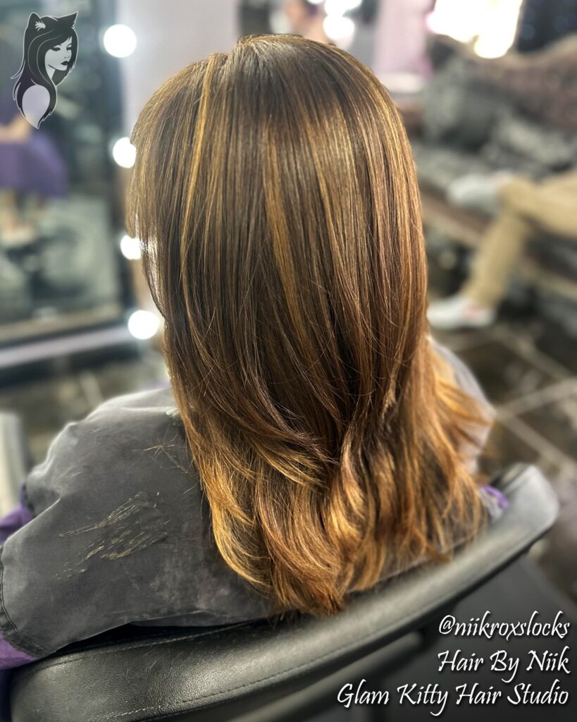 A back view of a woman with medium-length straight brown hair featuring caramel highlights and subtle layers with curved ends.
