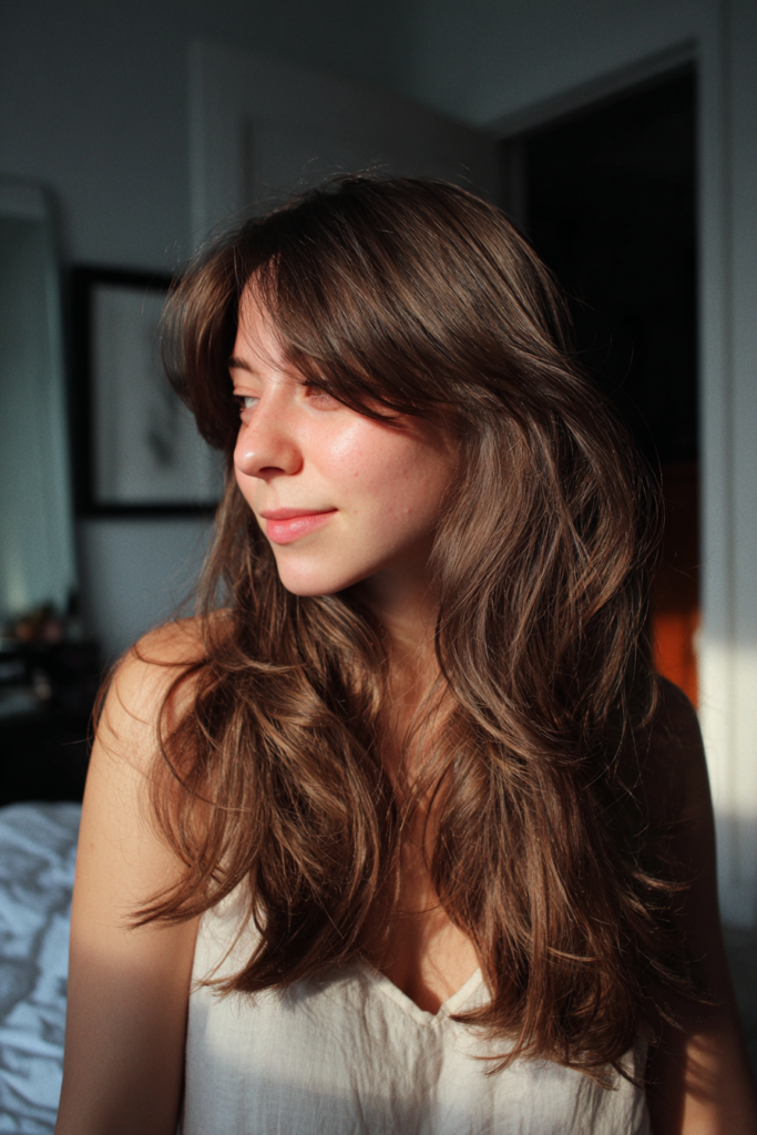 Woman with long natural brunette hair featuring relaxed waves and soft center parted curtain bangs.