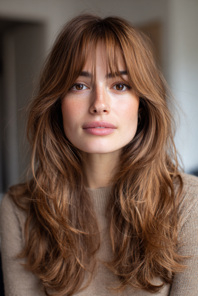 Woman with long warm caramel brown hair featuring layered ends and wispy French style curtain bangs.