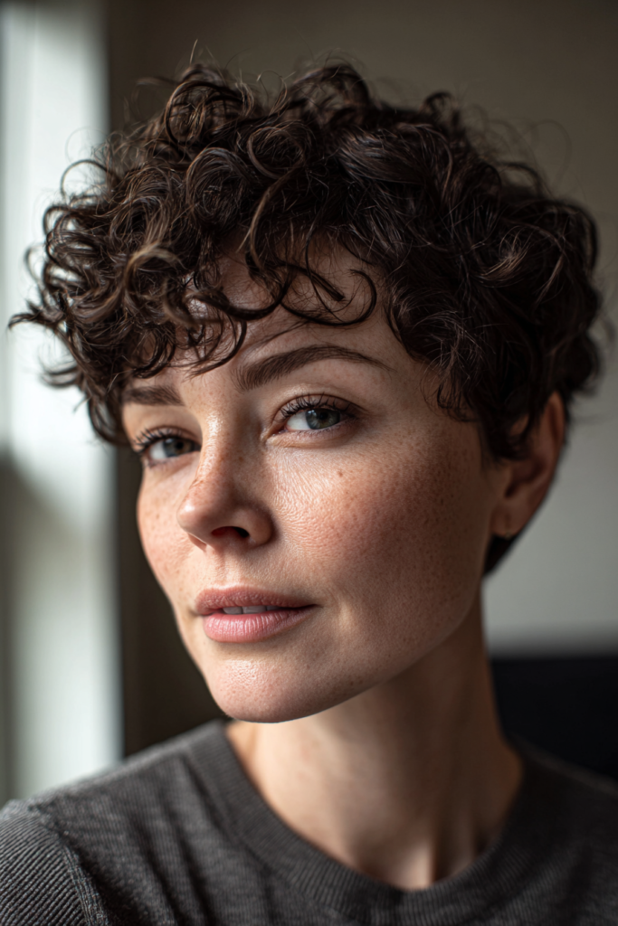 A woman with a short curly brown pixie crop styled with tousled volume on top and closely trimmed sides.