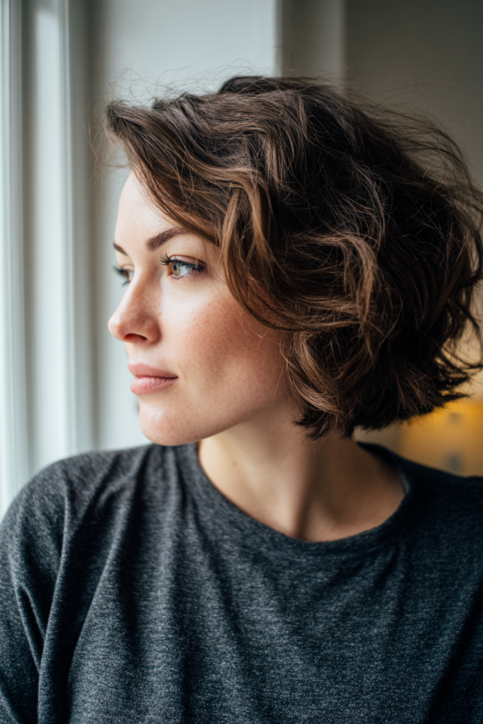 A woman with a wavy textured brunette bob looks toward a window in soft light.