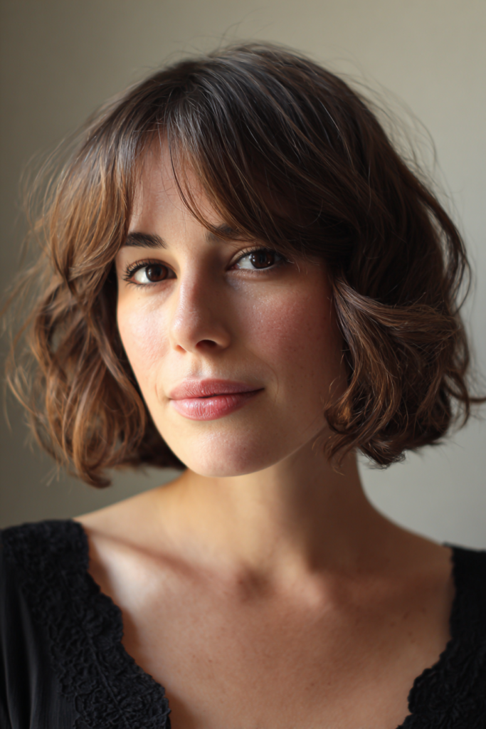 A woman with a tousled curly chestnut bob and wispy fringe wears a black lace top.
