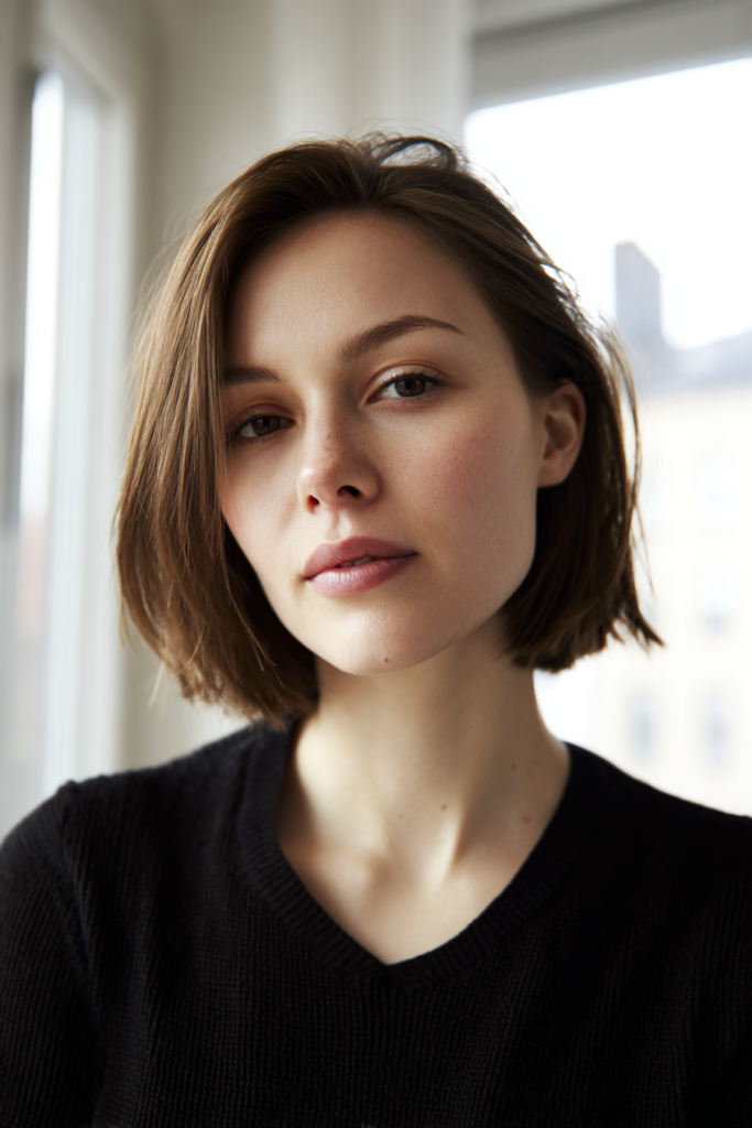 A woman with an undone side-part brunette bob wears a black v-neck sweater near a window.