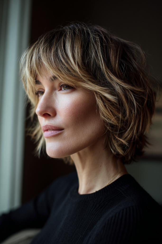 A woman with a layered brunette shag and caramel balayage highlights gazes out a window wearing a black sweater.