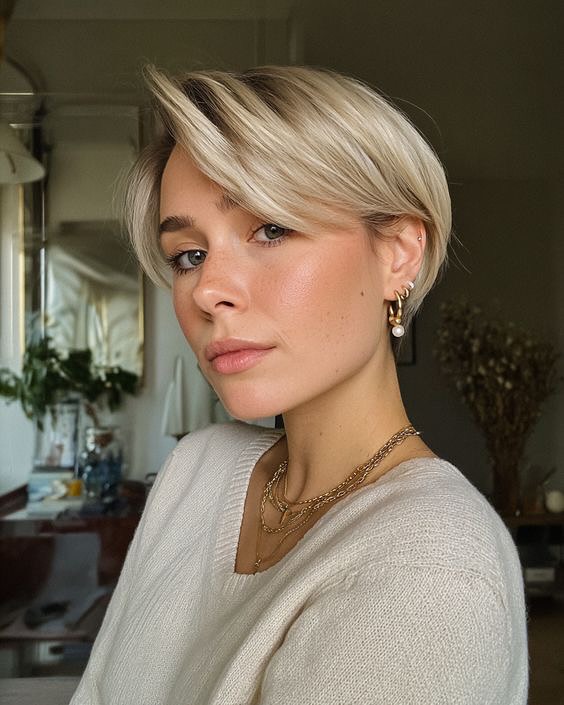 A woman with a long platinum blonde swoopy pixie and side-swept bangs wears layered gold necklaces and hoop earrings.