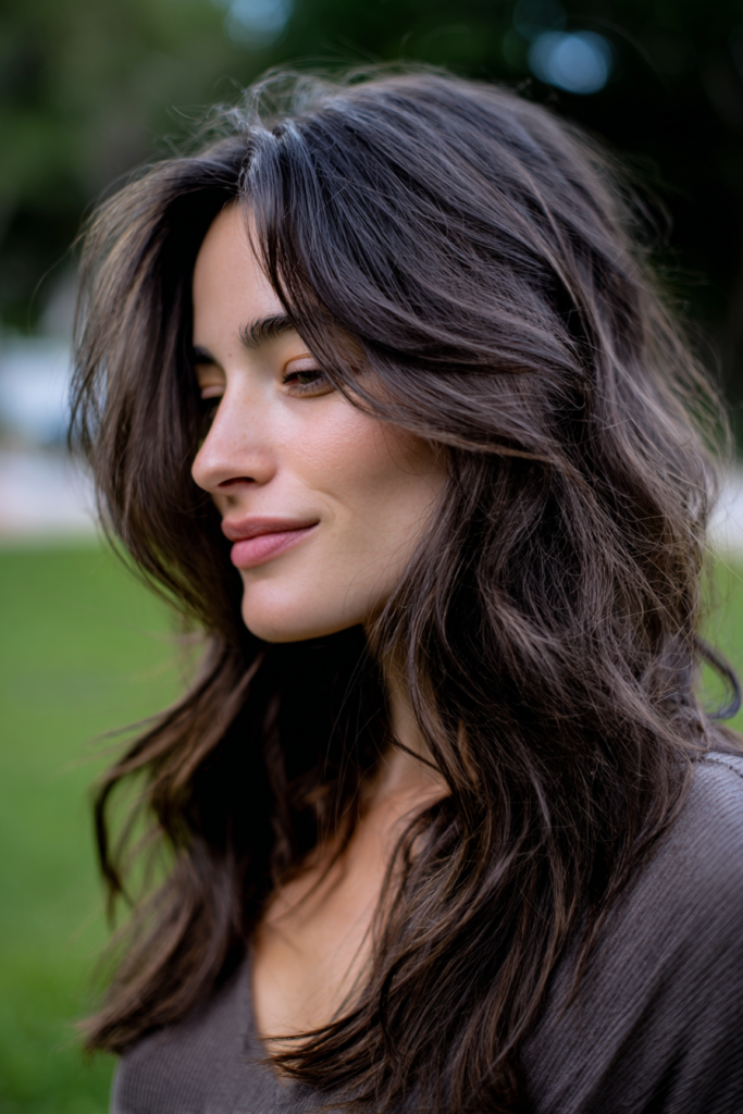 Long brunette hair with caramel highlights styled in loose, windswept layers.