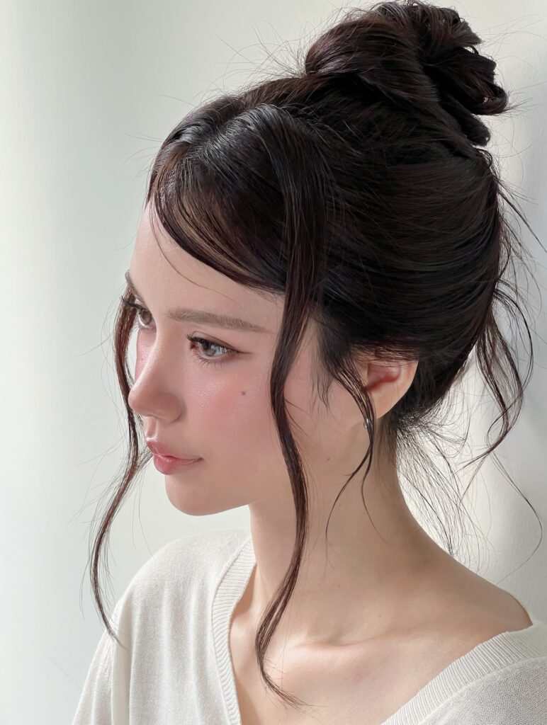 A woman with black hair styled in a high bun with soft curtain bangs framing her face.