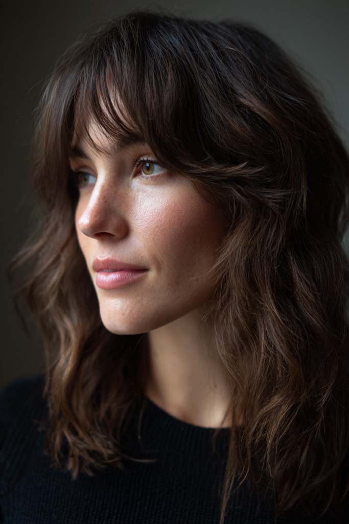 Side view of a woman with medium length dark brown wavy hair styled with wispy curtain bangs and soft choppy layers.