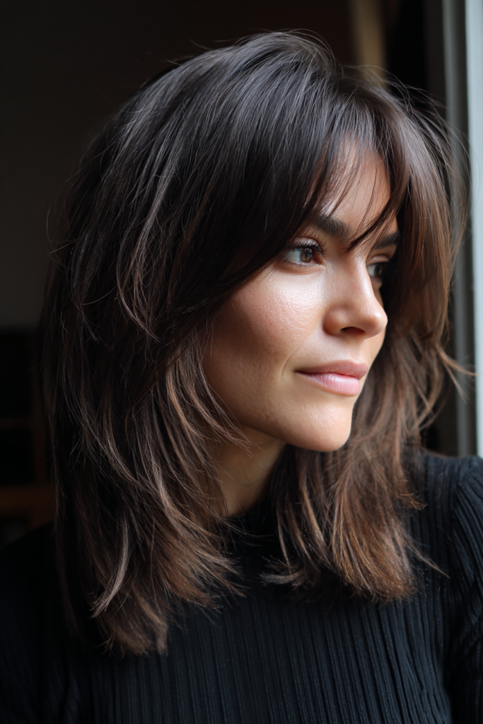 A woman with a shoulder-length brunette shag haircut featuring fringe and face-framing layers.