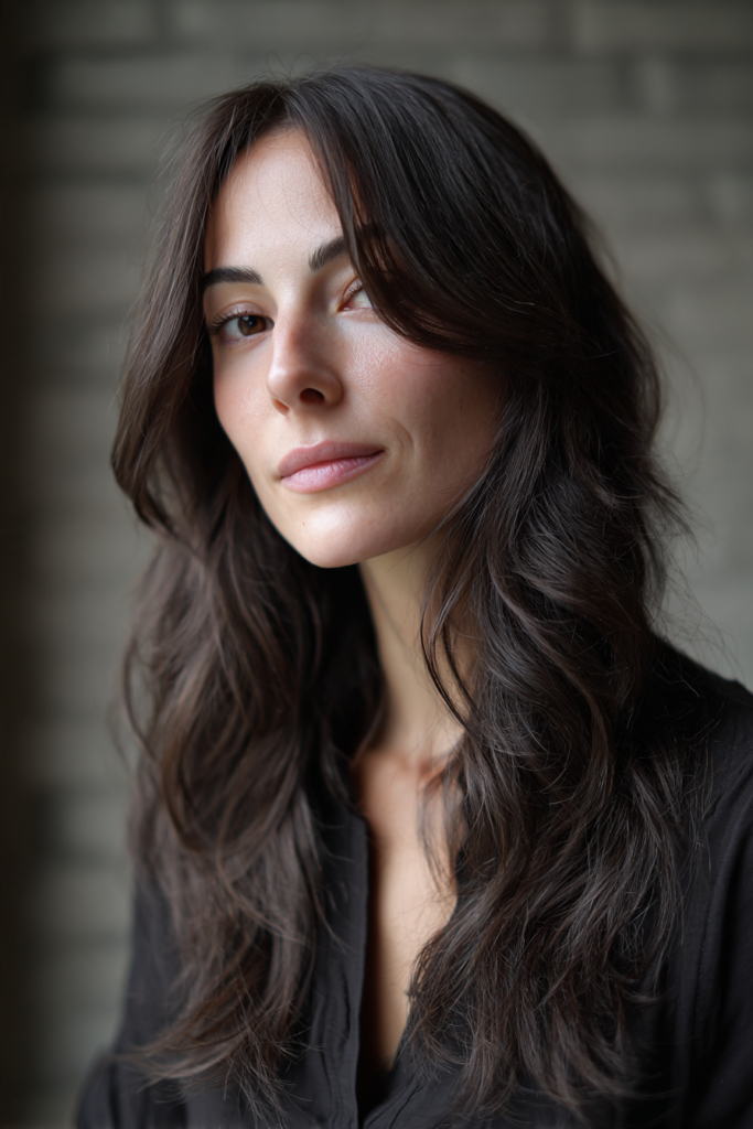 A woman with long deep brunette wavy layered hair and soft natural movement.