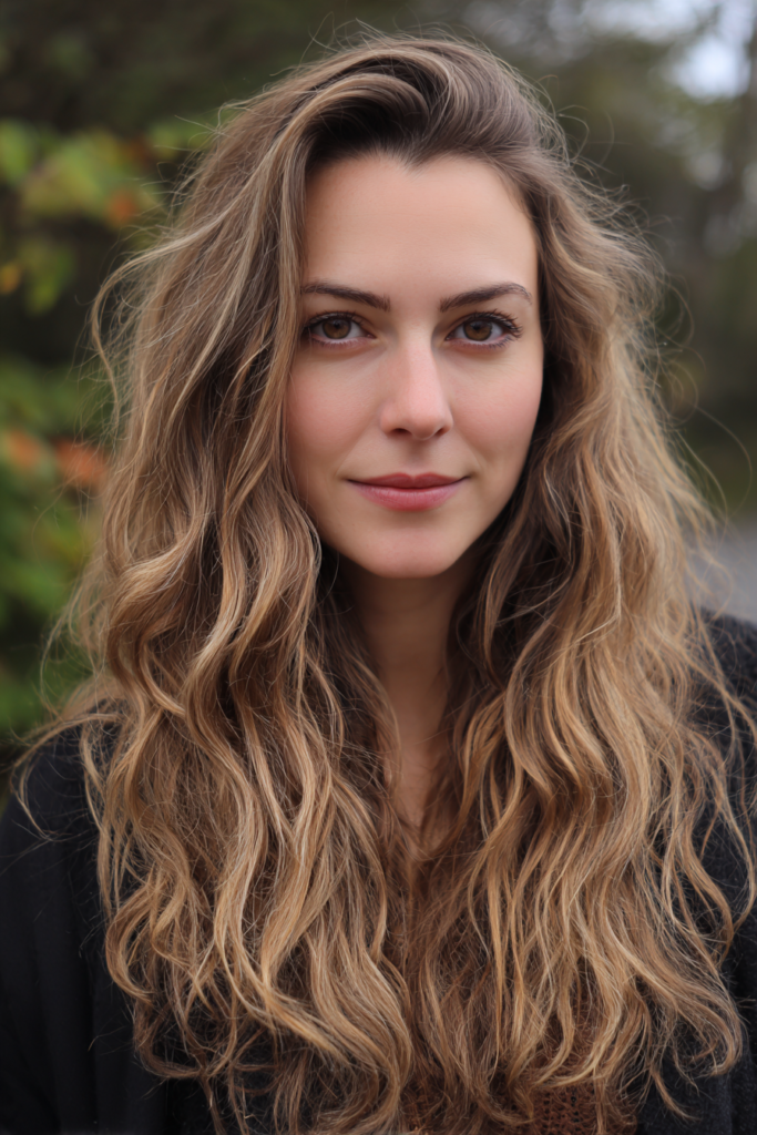 A woman with extra long wavy bronde hair featuring a swept back crown and beachy texture.