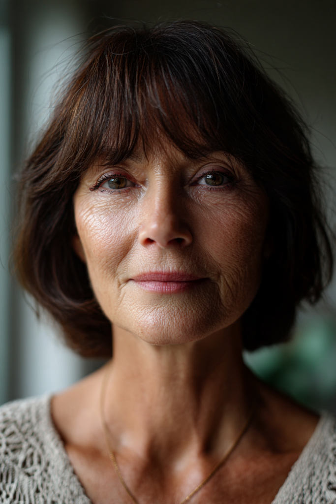 Woman with a chin-length rounded bob in rich chestnut brown, styled with full wispy bangs and soft curved-under layers.