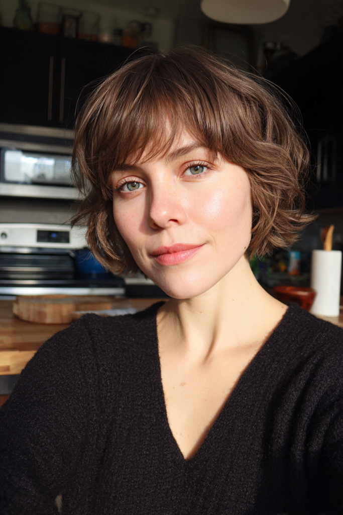 A woman with green eyes wearing a black sweater showcasing a short wavy ash brown bob with piecey side bangs.