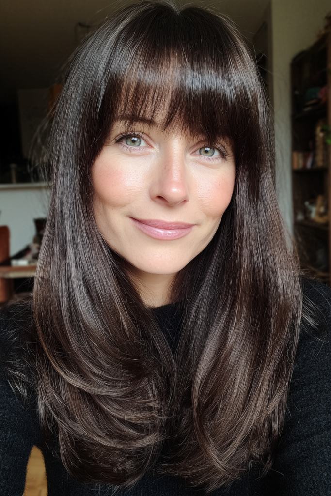 Woman with long dark brunette straight layered hair, full bangs at the brows and sleek face framing layers with a glossy finish.