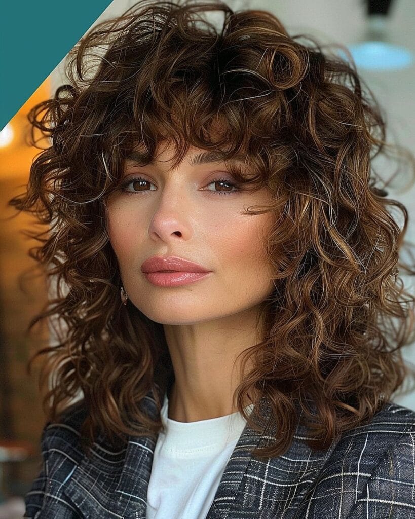 Curly shag haircut with soft fringe and layered texture.