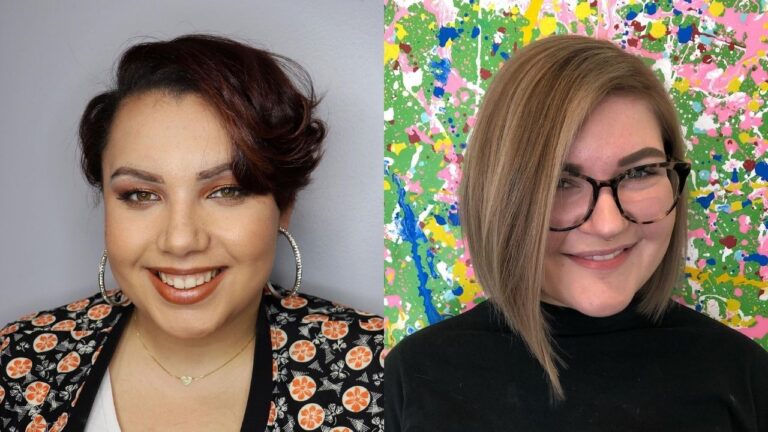 This side-by-side comparison displays two short hairstyles: a textured, deep auburn pixie cut with voluminous side-swept waves on the left and a sleek, asymmetrical ash-blonde bob paired with dark-rimmed glasses on the right.