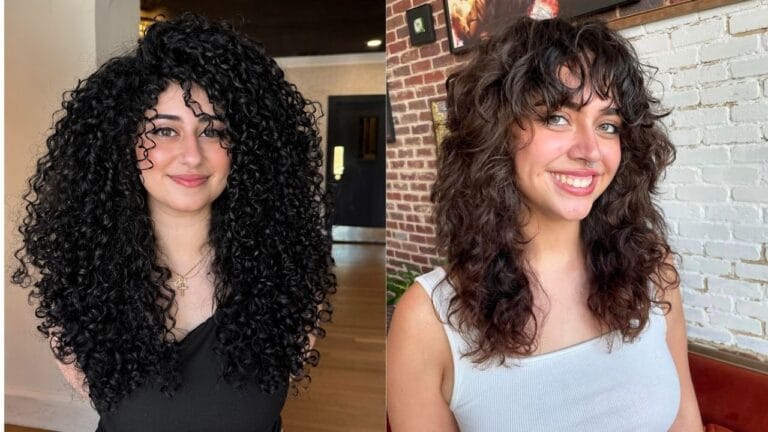 Two women with long curly hairstyles, one with dense tight black curls and the other with layered medium brown curls and soft fringe.