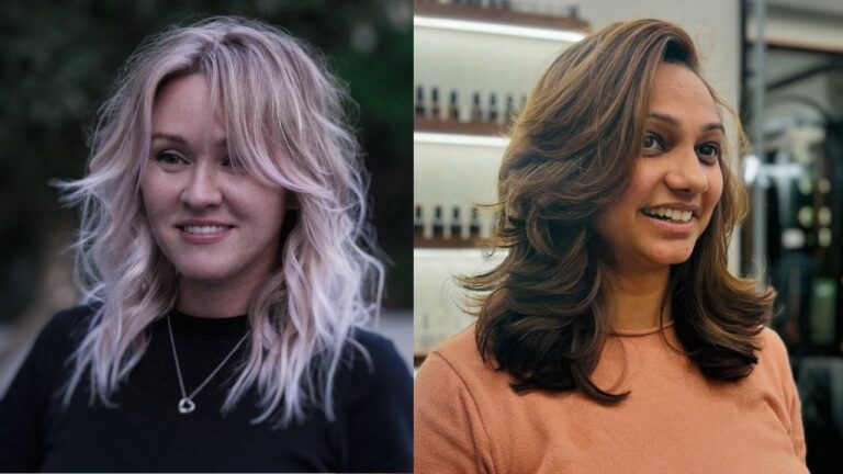 A side-by-side comparison of two medium-length layered hairstyles, featuring a textured, icy blonde wolf cut with curtain bangs on the left and a voluminous brunette style with feathered, face-framing layers and honey-blonde highlights on the right.