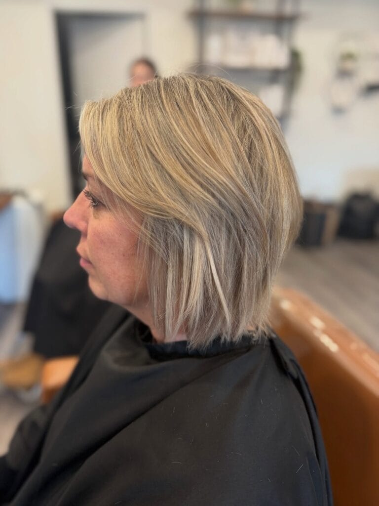 Soft layered bob with side volume and a natural, full shape.