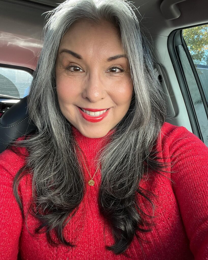 A woman with long salt-and-pepper hair featuring bright silver face-framing highlights and layered ends.