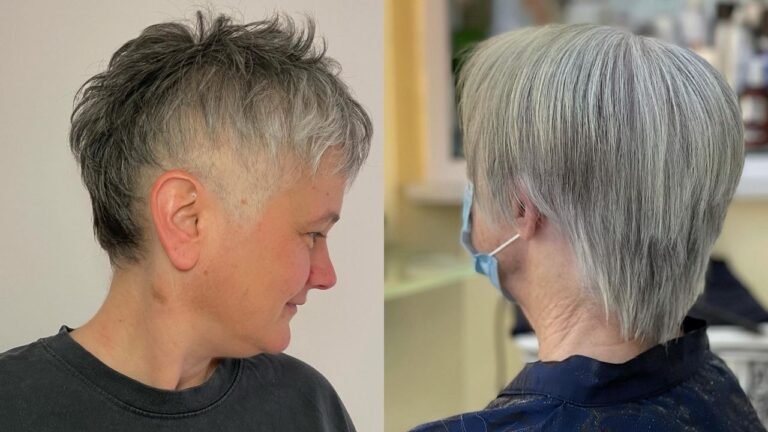Two women showcase trendy short hairstyles for women over 50, featuring a feathered platinum blonde pixie with soft volume on the left and a layered silver-grey cut with wispy, forehead-skimming bangs on the right.