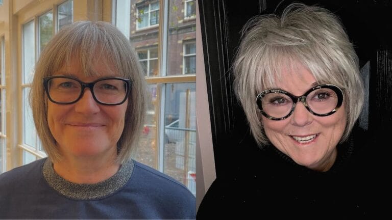 Straight gray bob with full bangs and a smooth chin length shape, shown in both a sleek and softly layered version.