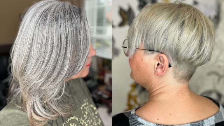 A side-by-side comparison displays two sophisticated gray hairstyles for women over 50, featuring a textured silver pixie cut with soft volume on the left and a shoulder-length layered bob with luminous white-blonde highlights on the right.
