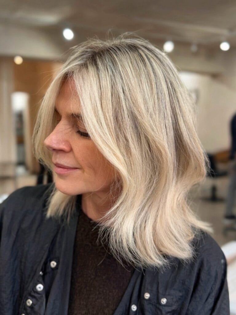 Long blonde layered bob with soft waves and smooth layers.