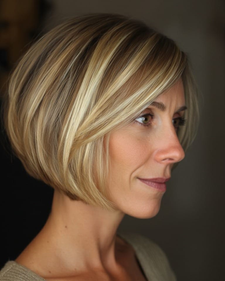 Layered blonde shaggy bob haircut with smooth texture and soft face framing layers.