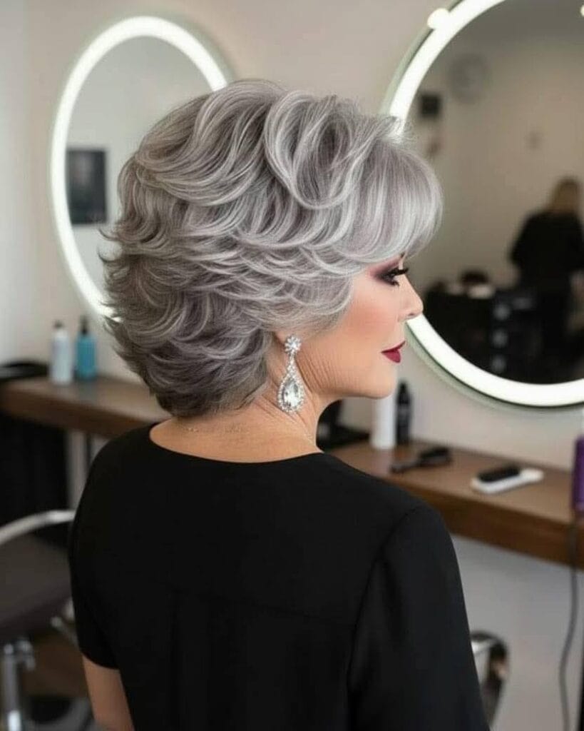Voluminous silver shaggy bob haircut with layered curls and rounded shape.