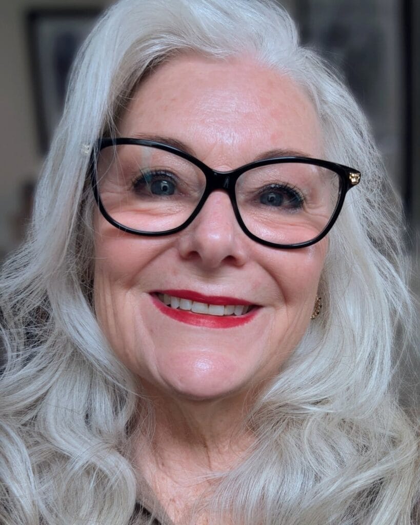 Shoulder length white wavy hair with soft texture and light layering.