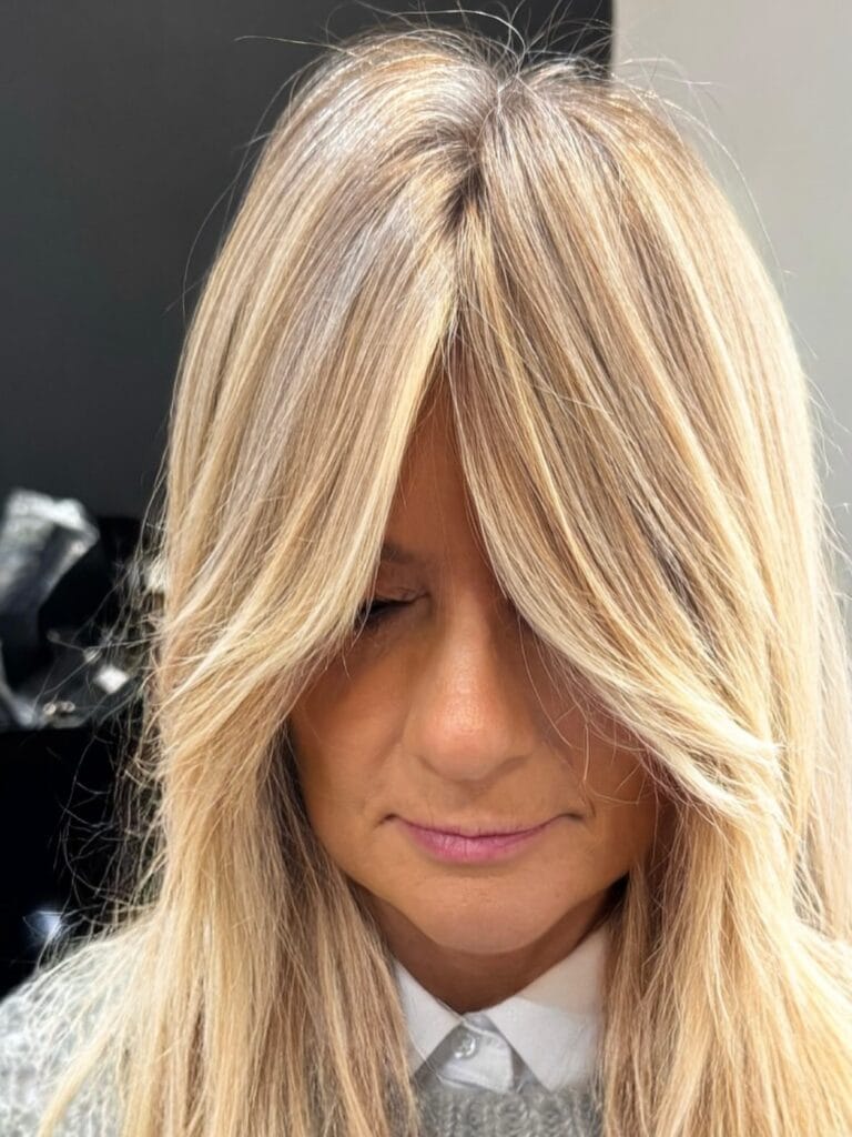 Long blonde layered hair with curtain bangs and soft face framing layers.