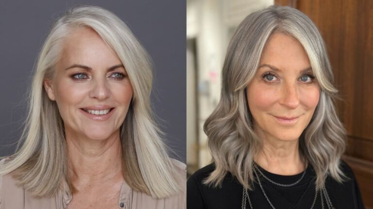 The collection of images showcases a diverse range of medium and short hairstyles, from elegant wedding updos and sleek layered cuts to voluminous curly bobs and natural silver-toned styles for mature women.