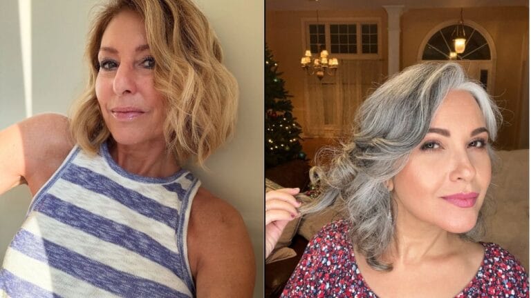 26+ Hairstyles For Women Over 50 With Wavy Hair Side by side view of two women over 50 with shoulder length wavy hairstyles, one with a warm blonde wavy bob and the other with soft layered silver waves styled with volume.