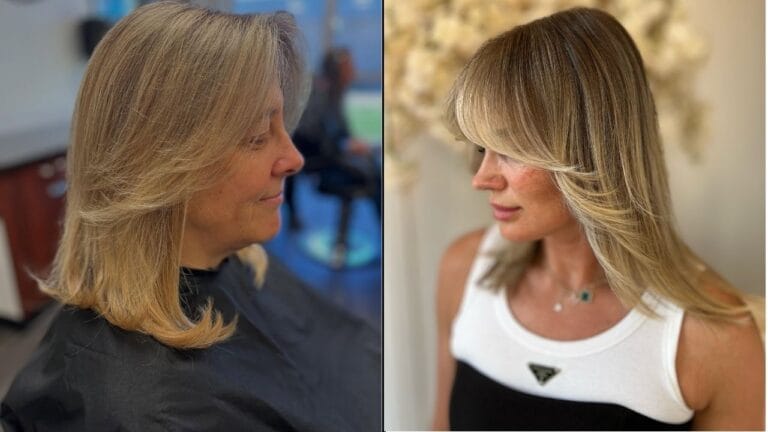 Shoulder length blonde layered hairstyle with soft feathered ends and face framing movement.