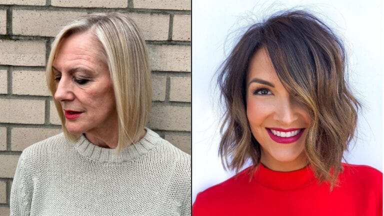 Short fine hair bob styles including a sleek chin length blonde cut and a textured wavy bob with soft layers and highlights.