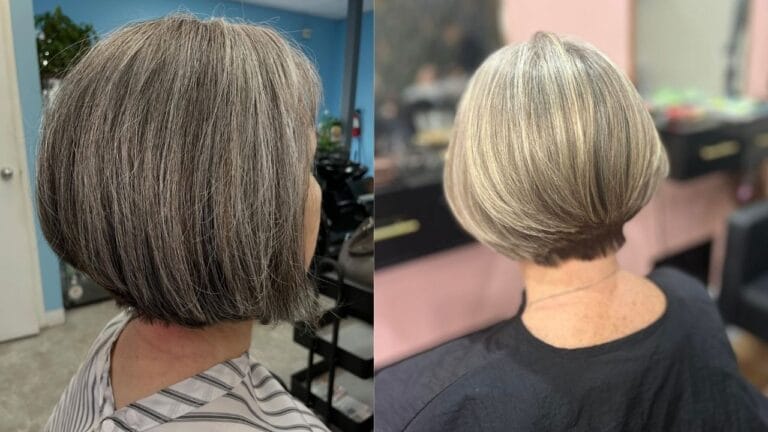 Short layered gray bob with a rounded shape and soft volume at the back.