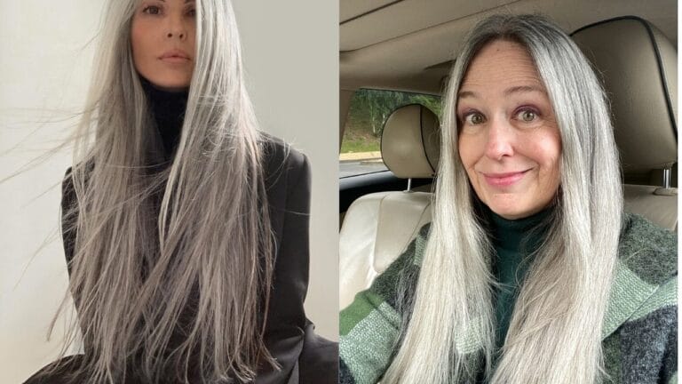 Long straight silver gray hair styled sleek with a center part and smooth natural shine.