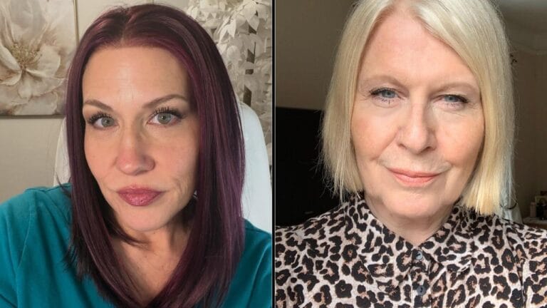 20+ Thin Hair Hairstyles For women Over 50 Two women over 50 wearing sleek shoulder length hairstyles, one with straight burgundy layers and one with a smooth blonde bob.