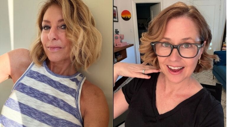 Soft layered bob with loose waves, chin length cut, and warm blonde tones adding volume and movement.