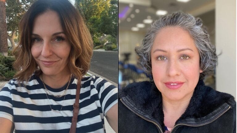 Two women showing messy bob hairstyles, one with soft brown waves and one with short gray textured layers.