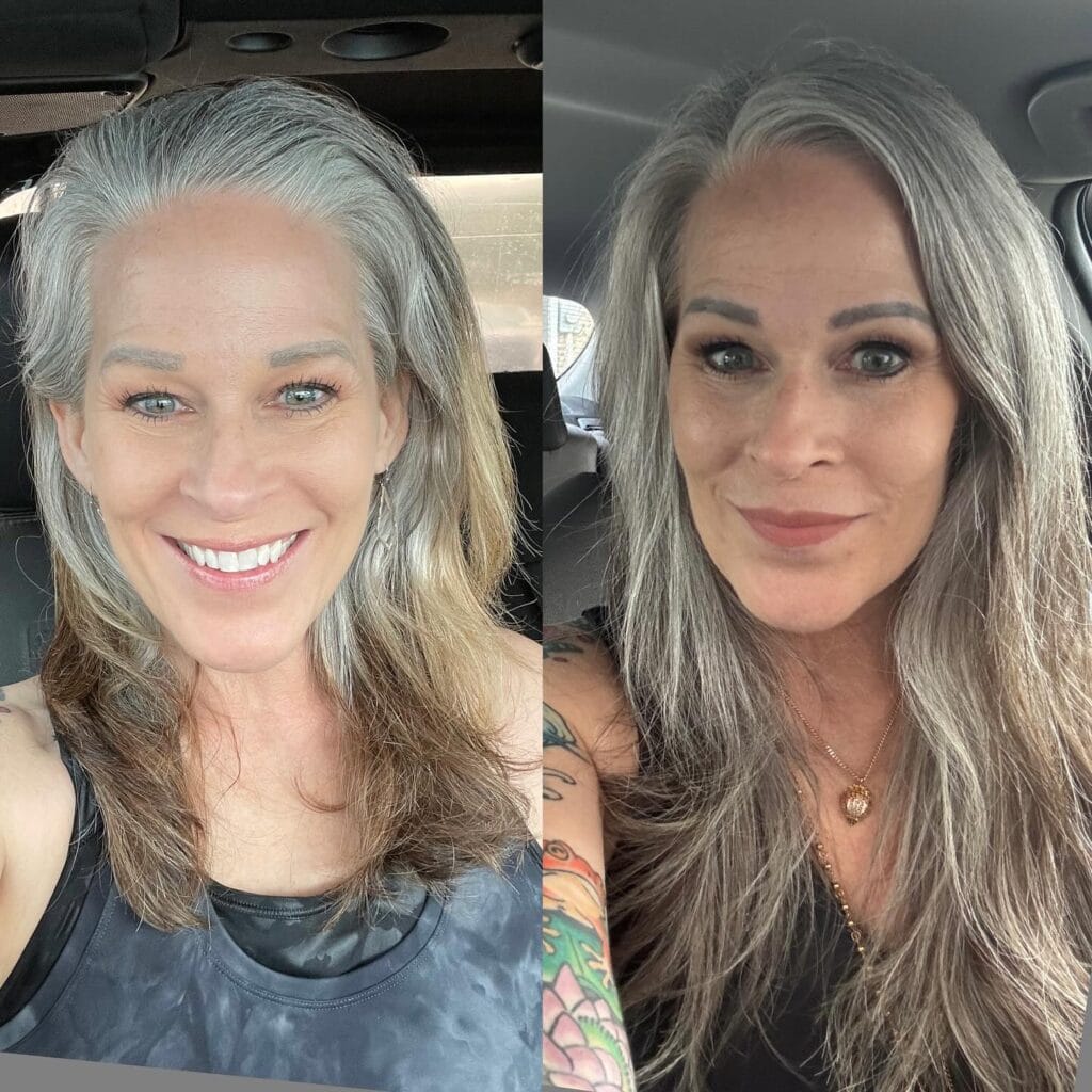 Long sleek silver hair with a soft side part falling past the shoulders.